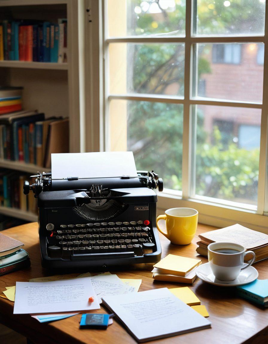 A serene workspace with a vintage typewriter, colorful sticky notes, and a notepad filled with sketches of ideas. A warm cup of coffee sits beside the typewriter with soft natural light streaming in through a window. The background features a bookshelf with various writing books and inspirational quotes. Emphasize creativity and the flow of ideas. vibrant colors. super-realistic.