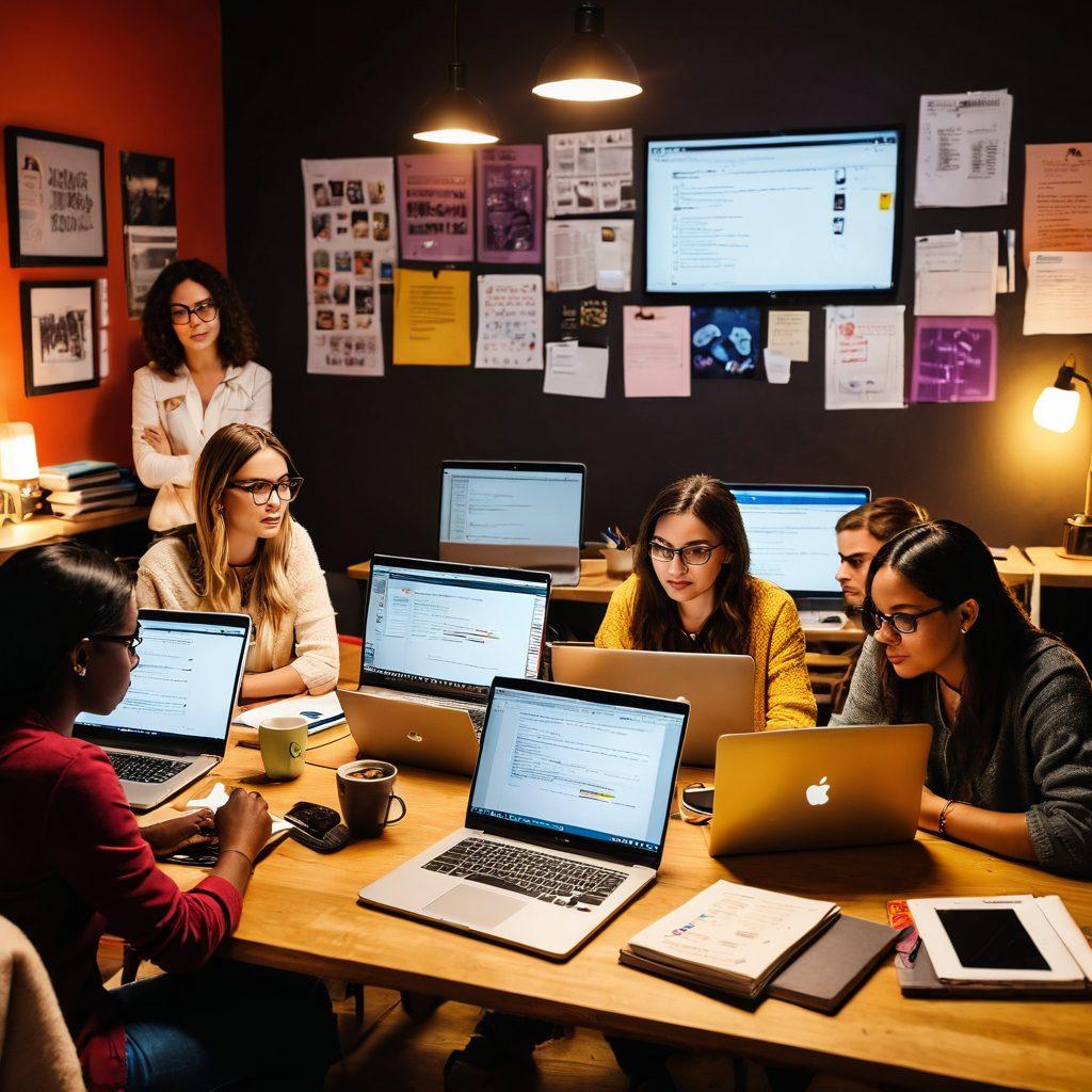 A diverse group of bloggers in a cozy workspace, animatedly discussing their ideas, with laptops open and colorful notes scattered around. The background features a digital representation of the XTXXX platform interface, showcasing vibrant posts and engagement metrics. The atmosphere is lively and collaborative, emphasizing creativity and connection among bloggers. super-realistic. vibrant colors. cozy setting.