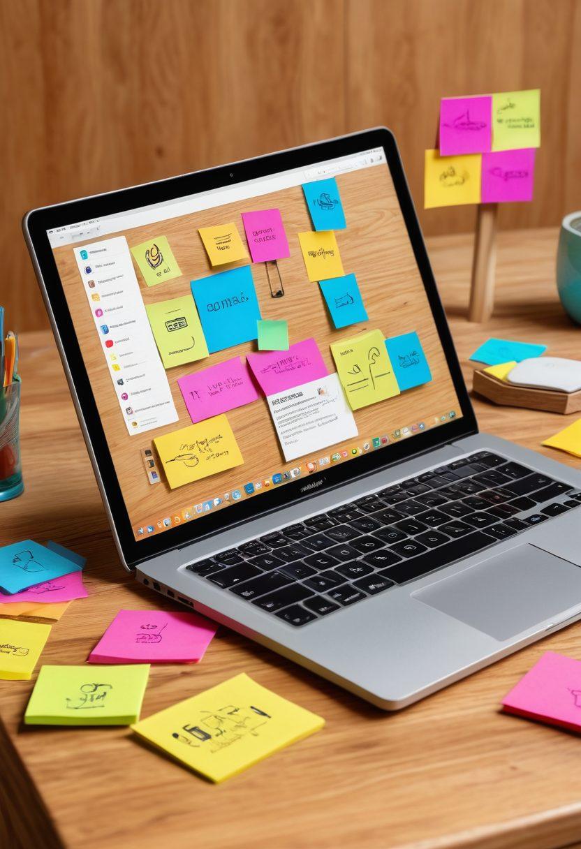 A vibrant digital diary open on a wooden desk, surrounded by diverse community members sharing ideas and smiling, with colorful sticky notes and a laptop displaying a blog interface. A background of abstract digital symbols representing connection and creativity, creating an inviting and engaging atmosphere. super-realistic. vibrant colors. light wood background.
